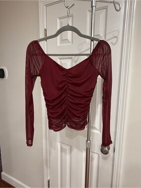 Macy's Burgundy Ruched Mesh Long Sleeve Top
